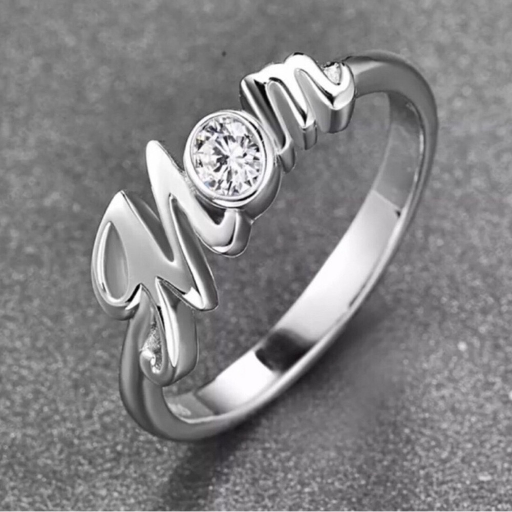 Sterling Silver 'Mom' Script Ring with Clear Stone